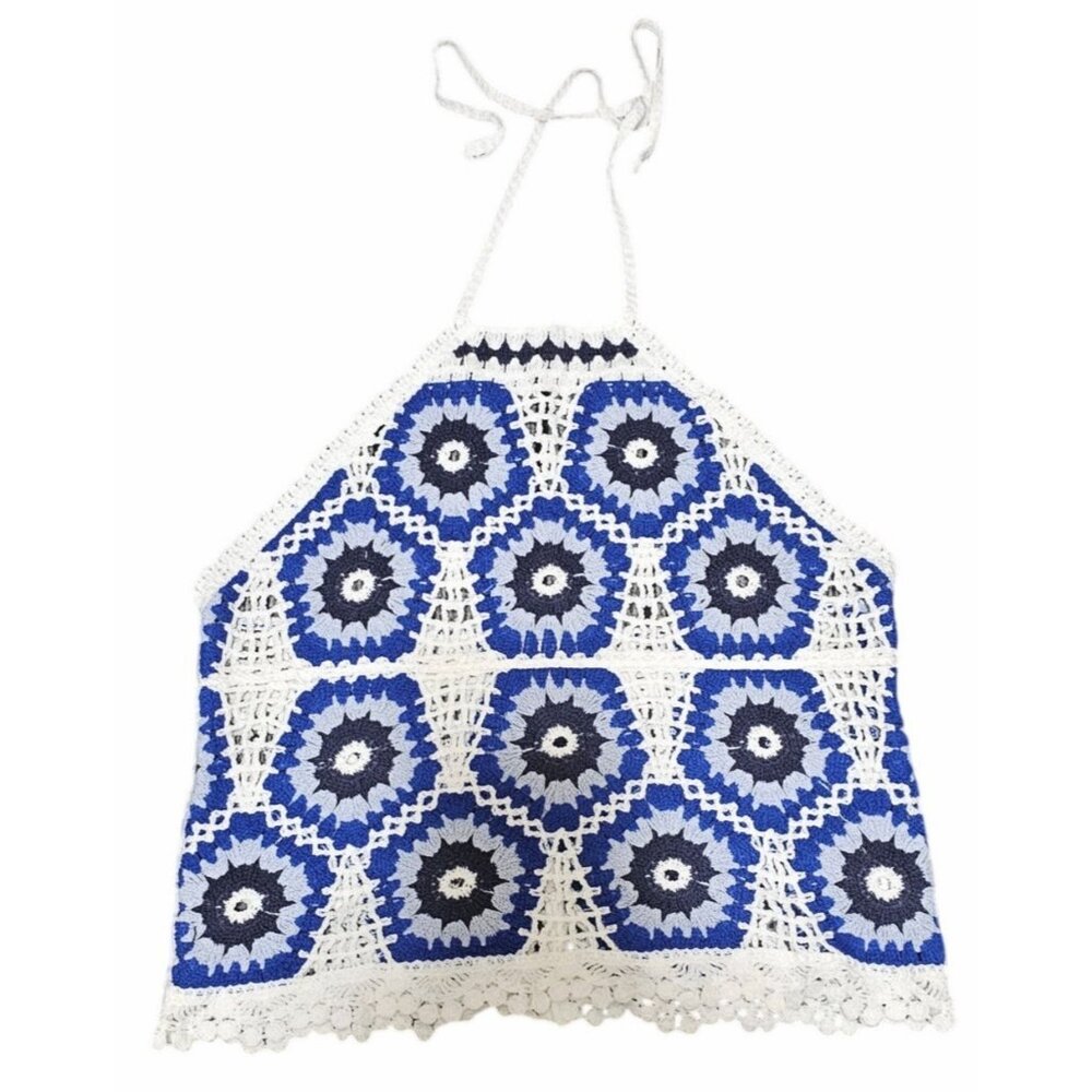 Crochet Halter Top Blue & White Floral Pattern Rebellion Parade M - Picture 2 of 7